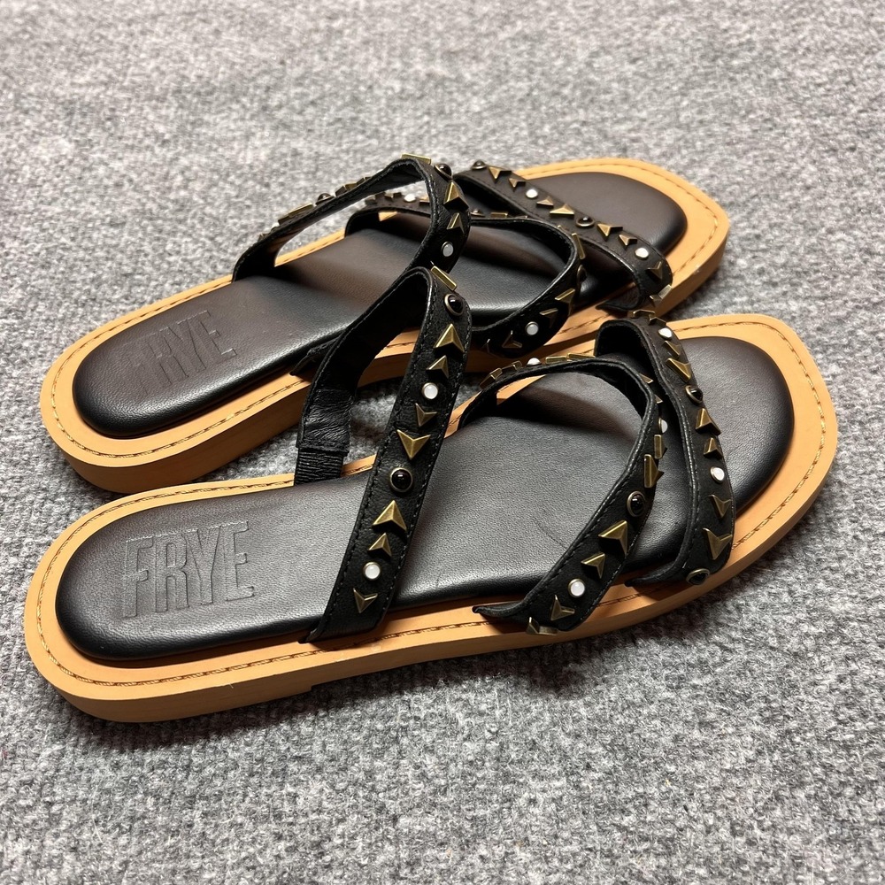 Frye Sandals Womens Size 6.5 Black Leather Studded Strappy Flat FR40355 EU 37